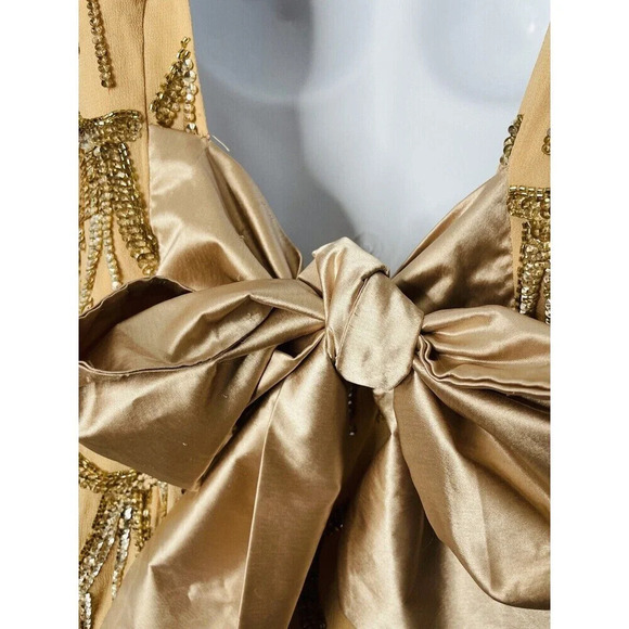 NBD Revolve Tristan Mini Dress XS Sequin Scalloped Hem Bow Delicate Regal Gold - Picture 3 of 13